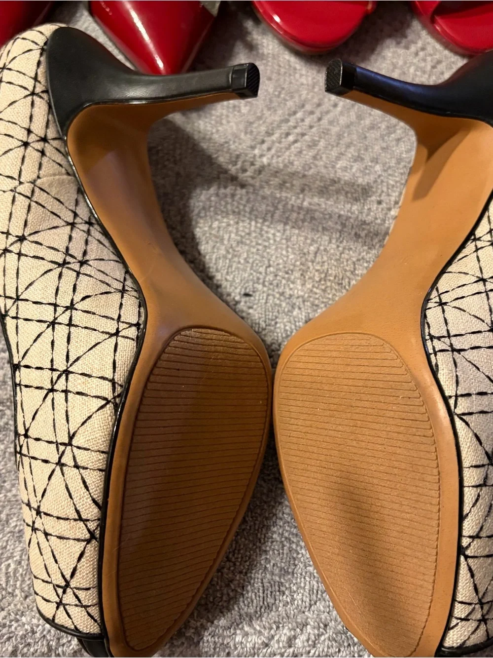 Coach Peep-Toe Heels in Cream and Black Geometric Canvas